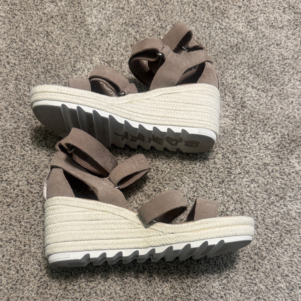 Sorel Cameron Taupe Suede Wedge Sandals with Espadrille Platform